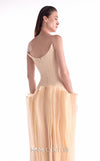 Nude evening gown MNM Couture Style G2100 featuring a deep V crepe corset and layered organza skirt