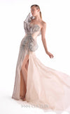 Nude and silver lace evening gown MNM Couture Style G2101 with an asymmetrical sculpted bust and organza train