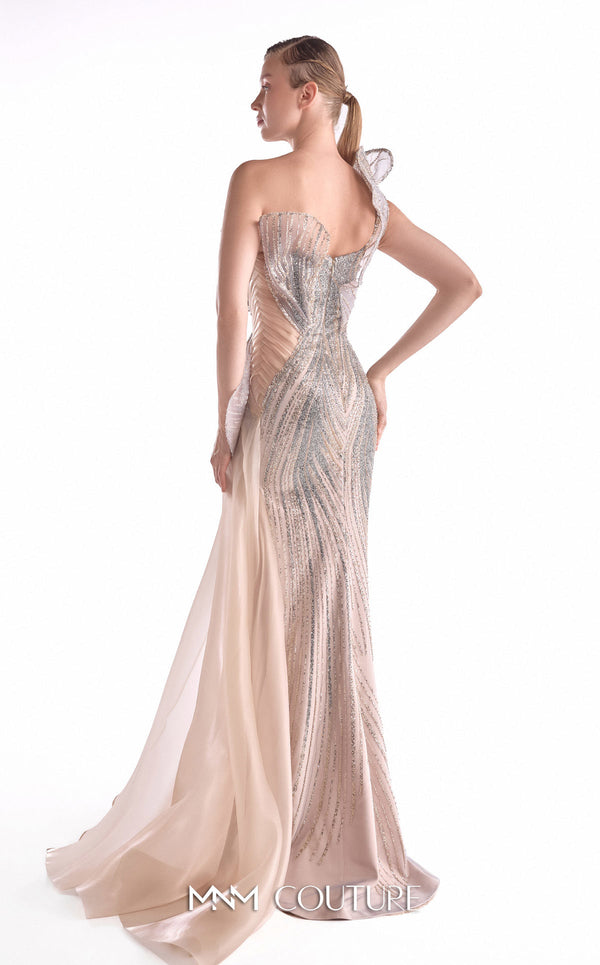 Nude and silver lace evening gown MNM Couture Style G2101 with an asymmetrical sculpted bust and organza train