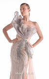 Nude and silver lace evening gown MNM Couture Style G2101 with an asymmetrical sculpted bust and organza train