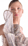 Nude and silver lace evening gown MNM Couture Style G2101 with an asymmetrical sculpted bust and organza train