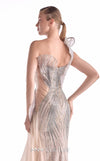 Nude and silver lace evening gown MNM Couture Style G2101 with an asymmetrical sculpted bust and organza train