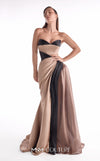 Brown and black draped evening gown MNM Couture Style G2102 crafted from satin razmir and liquid organza