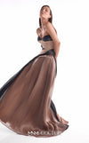 Brown and black draped evening gown MNM Couture Style G2102 crafted from satin razmir and liquid organza