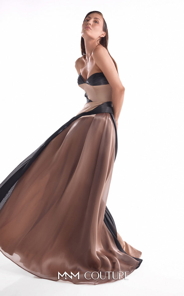 Brown and black draped evening gown MNM Couture Style G2102 crafted from satin razmir and liquid organza