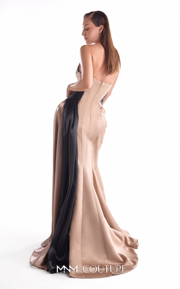Brown and black draped evening gown MNM Couture Style G2102 crafted from satin razmir and liquid organza