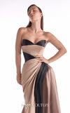 Brown and black draped evening gown MNM Couture Style G2102 crafted from satin razmir and liquid organza