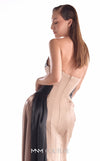 Brown and black draped evening gown MNM Couture Style G2102 crafted from satin razmir and liquid organza