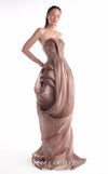 Modern Grecian evening gown MNM Couture Style G2103 featuring lace inserts, structured bust, and fluid organza draping