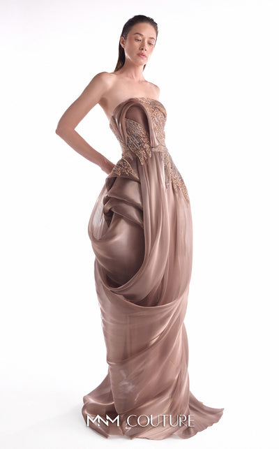 Modern Grecian evening gown MNM Couture Style G2103 featuring lace inserts, structured bust, and fluid organza draping