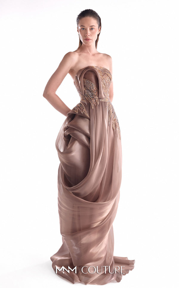 Modern Grecian evening gown MNM Couture Style G2103 featuring lace inserts, structured bust, and fluid organza draping