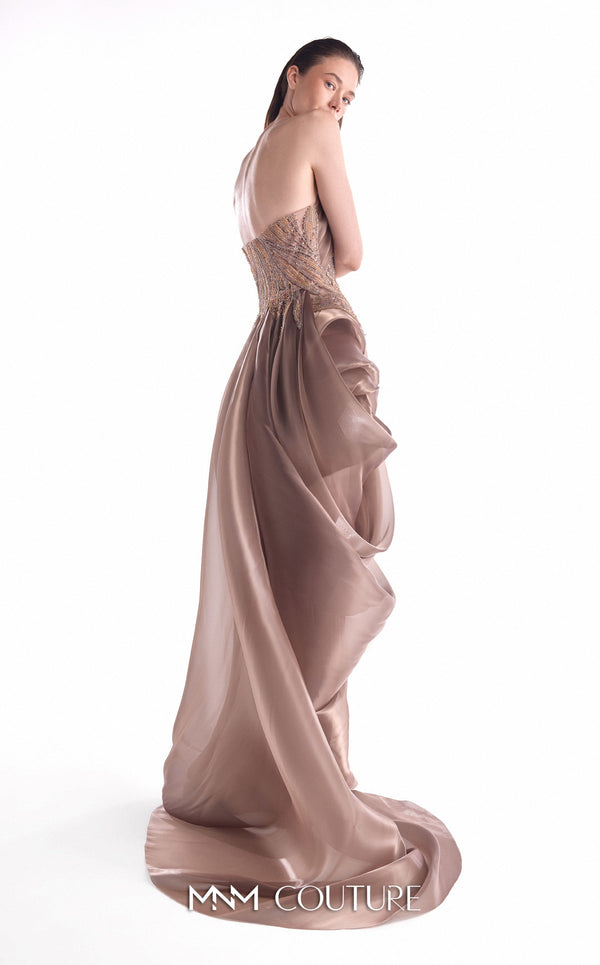 Modern Grecian evening gown MNM Couture Style G2103 featuring lace inserts, structured bust, and fluid organza draping