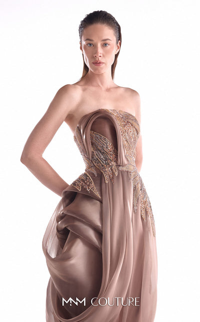 Modern Grecian evening gown MNM Couture Style G2103 featuring lace inserts, structured bust, and fluid organza draping
