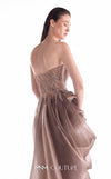 Modern Grecian evening gown MNM Couture Style G2103 featuring lace inserts, structured bust, and fluid organza draping