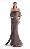 Chocolate brown technical organza evening gown MNM Couture Style G2104 with asymmetrical pleating and sculpted draped silhouette
