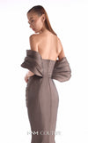 Chocolate brown technical organza evening gown MNM Couture Style G2104 with asymmetrical pleating and sculpted draped silhouette