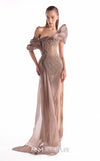 Brown one-shoulder evening gown MNM Couture Style G2105 featuring sheer illusion base, pearl-embellished lace, and fluid organza draping