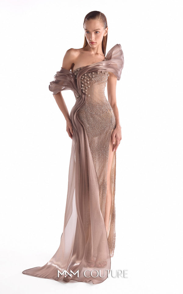 Brown one-shoulder evening gown MNM Couture Style G2105 featuring sheer illusion base, pearl-embellished lace, and fluid organza draping