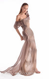 Brown one-shoulder evening gown MNM Couture Style G2105 featuring sheer illusion base, pearl-embellished lace, and fluid organza draping
