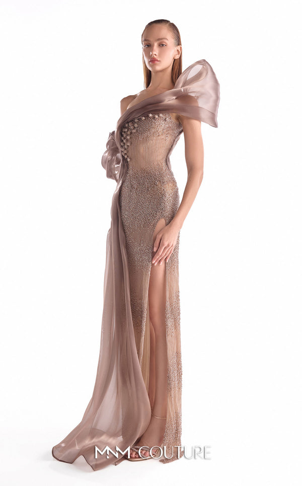 Brown one-shoulder evening gown MNM Couture Style G2105 featuring sheer illusion base, pearl-embellished lace, and fluid organza draping