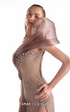 Brown one-shoulder evening gown MNM Couture Style G2105 featuring sheer illusion base, pearl-embellished lace, and fluid organza draping