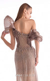 Brown one-shoulder evening gown MNM Couture Style G2105 featuring sheer illusion base, pearl-embellished lace, and fluid organza draping