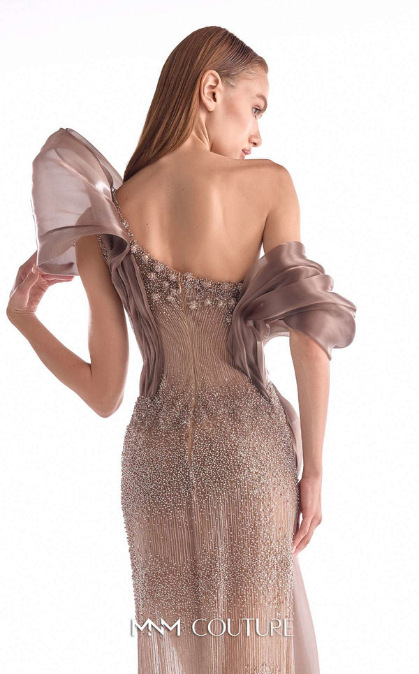Brown one-shoulder evening gown MNM Couture Style G2105 featuring sheer illusion base, pearl-embellished lace, and fluid organza draping