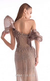 Brown one-shoulder evening gown MNM Couture Style G2105 featuring sheer illusion base, pearl-embellished lace, and fluid organza draping