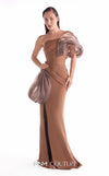 Brown off-shoulder crepe gown MNM Couture Style G2106 with sweeping organza accents, cloud-like volumes, and a sleek high slit