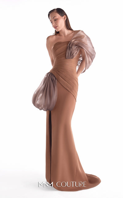 Brown off-shoulder crepe gown MNM Couture Style G2106 with sweeping organza accents, cloud-like volumes, and a sleek high slit