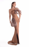 Brown off-shoulder crepe gown MNM Couture Style G2106 with sweeping organza accents, cloud-like volumes, and a sleek high slit