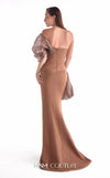 Brown off-shoulder crepe gown MNM Couture Style G2106 with sweeping organza accents, cloud-like volumes, and a sleek high slit