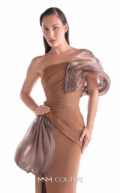Brown off-shoulder crepe gown MNM Couture Style G2106 with sweeping organza accents, cloud-like volumes, and a sleek high slit
