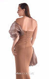 Brown off-shoulder crepe gown MNM Couture Style G2106 with sweeping organza accents, cloud-like volumes, and a sleek high slit