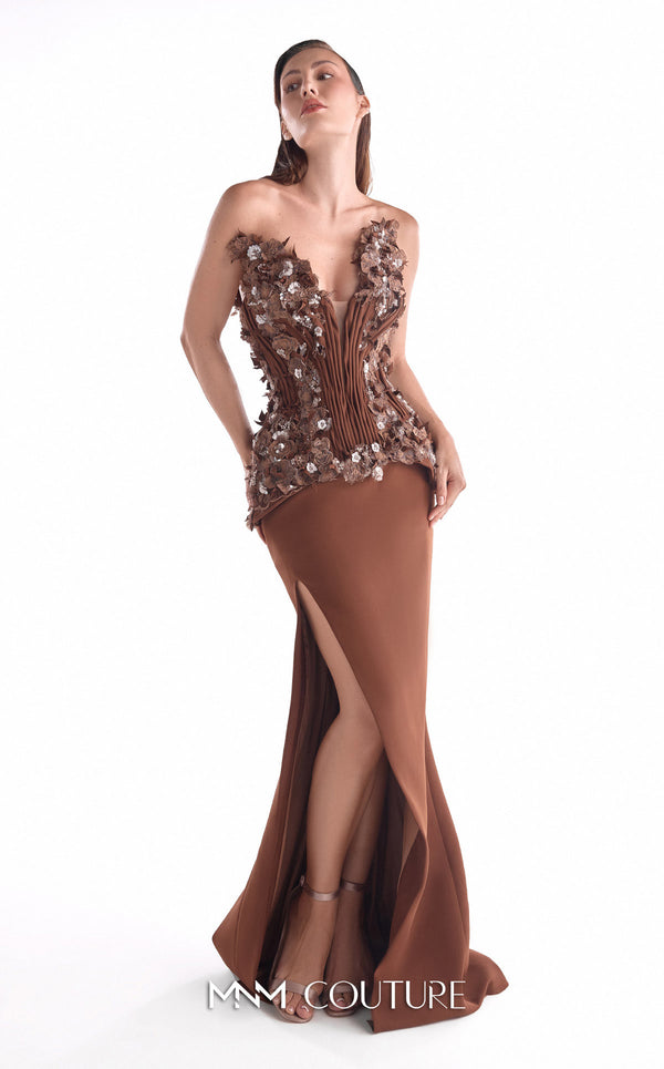 Brown plunging V corset evening gown MNM Couture Style G2108 adorned with 3D floral appliqué, precise pleating, and a high-slit crepe skirt