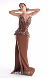Brown plunging V corset evening gown MNM Couture Style G2108 adorned with 3D floral appliqué, precise pleating, and a high-slit crepe skirt