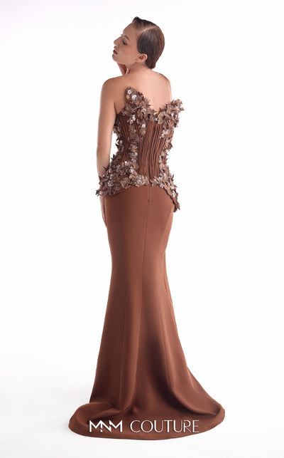 Brown plunging V corset evening gown MNM Couture Style G2108 adorned with 3D floral appliqué, precise pleating, and a high-slit crepe skirt