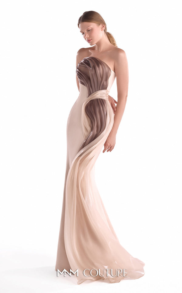 Nude strapless mermaid gown MNM Couture Style G2109 wrapped in layered nude and brown fluid organza with a softly flared hem