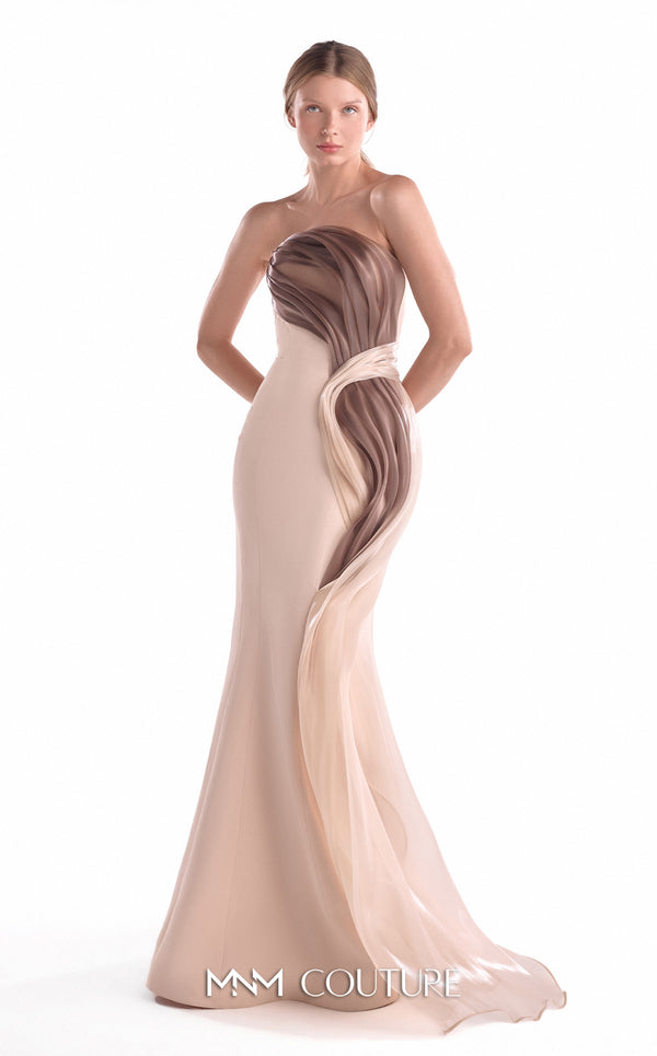 Nude strapless mermaid gown MNM Couture Style G2109 wrapped in layered nude and brown fluid organza with a softly flared hem