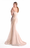 Nude strapless mermaid gown MNM Couture Style G2109 wrapped in layered nude and brown fluid organza with a softly flared hem
