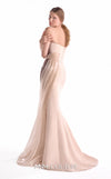 Nude strapless mermaid gown MNM Couture Style G2109 wrapped in layered nude and brown fluid organza with a softly flared hem