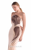 Nude strapless mermaid gown MNM Couture Style G2109 wrapped in layered nude and brown fluid organza with a softly flared hem