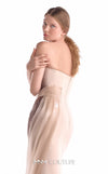 Nude strapless mermaid gown MNM Couture Style G2109 wrapped in layered nude and brown fluid organza with a softly flared hem