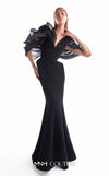 Black crepe mermaid gown MNM Couture Style G2110 with sculpted hips and voluminous blooming organza shoulders framing a V-neckline