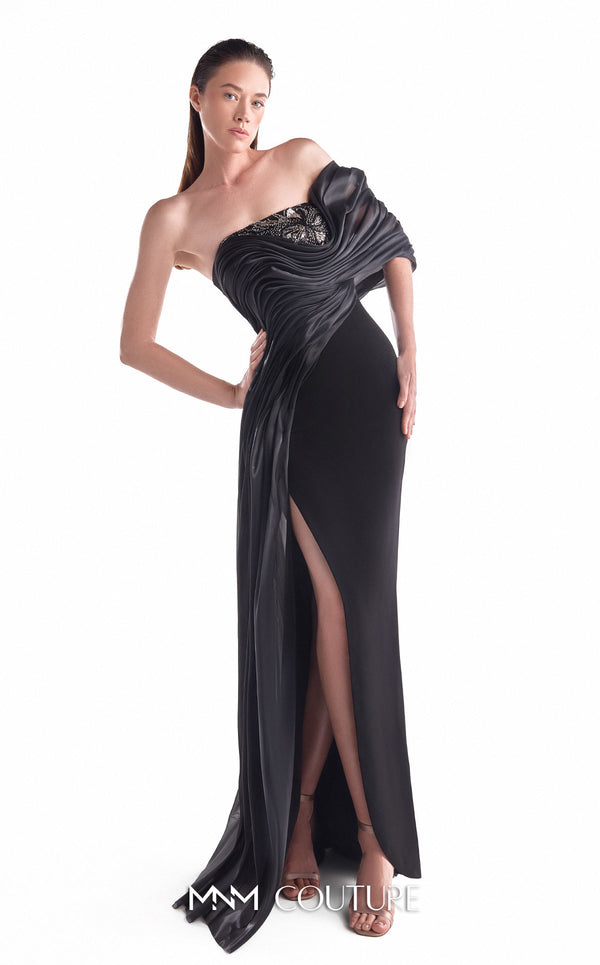 Black off-shoulder gown MNM Couture Style G2111 with fluid organza draping, an embroidered lace bust, and column skirt