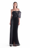 Black off-shoulder gown MNM Couture Style G2111 with fluid organza draping, an embroidered lace bust, and column skirt