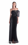 Black off-shoulder gown MNM Couture Style G2111 with fluid organza draping, an embroidered lace bust, and column skirt