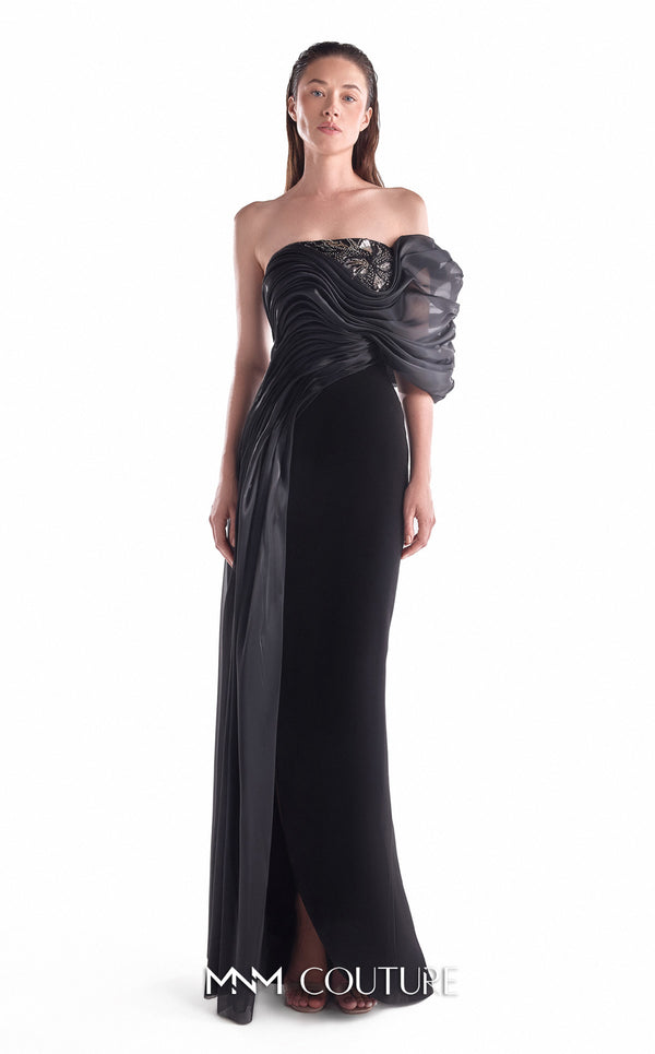 Black off-shoulder gown MNM Couture Style G2111 with fluid organza draping, an embroidered lace bust, and column skirt