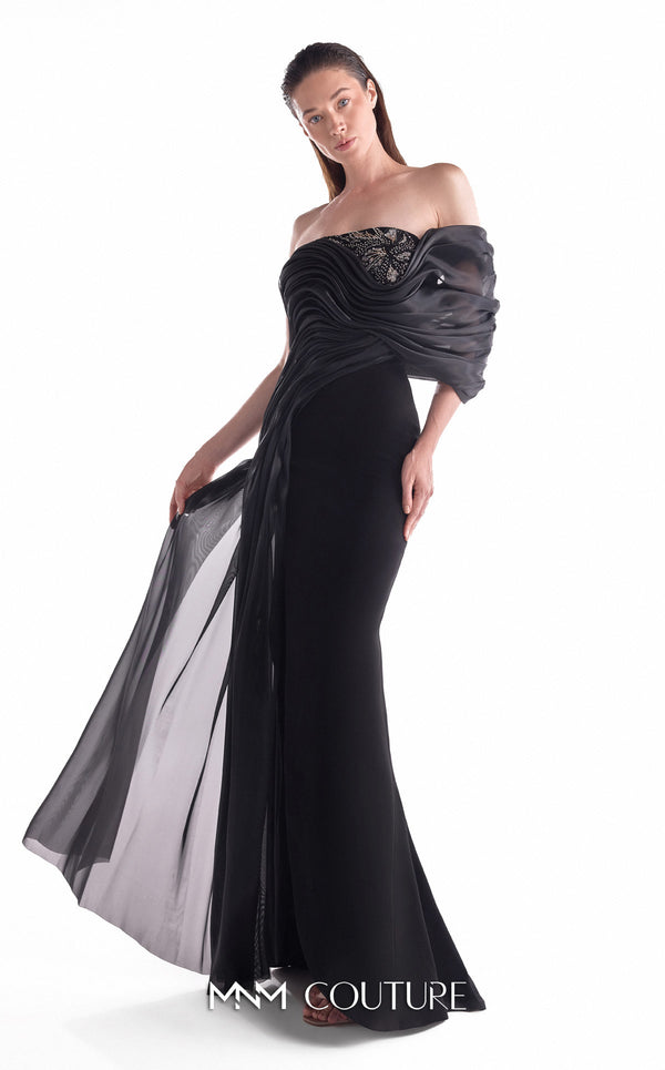 Black off-shoulder gown MNM Couture Style G2111 with fluid organza draping, an embroidered lace bust, and column skirt