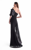 Black off-shoulder gown MNM Couture Style G2111 with fluid organza draping, an embroidered lace bust, and column skirt